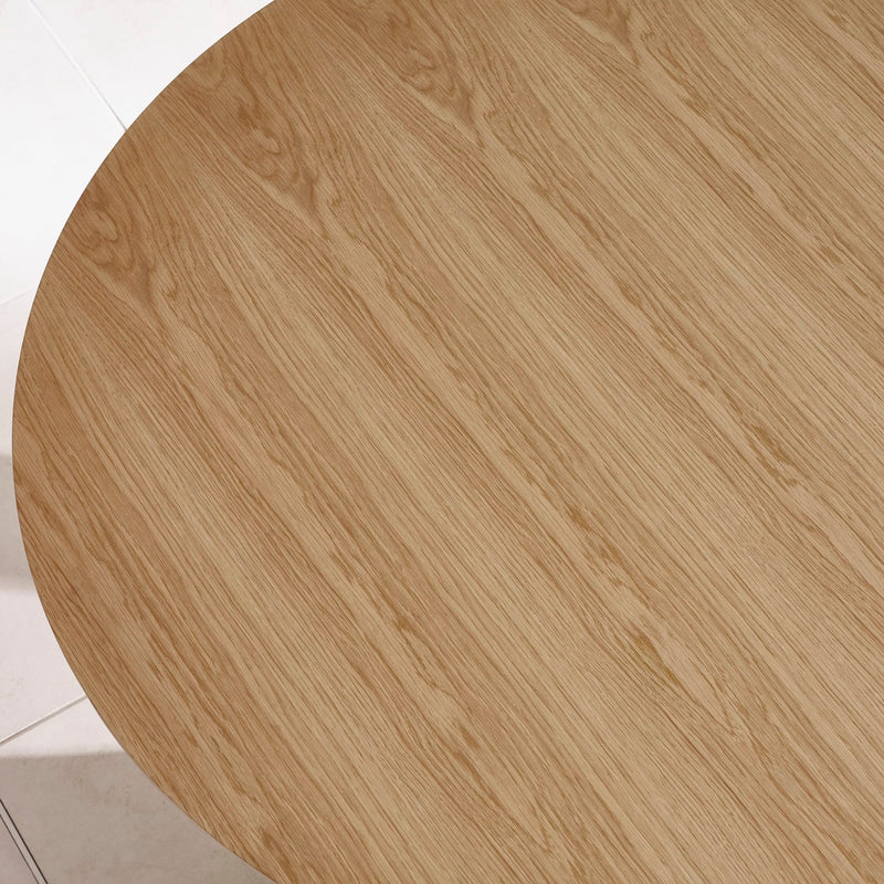 Round wooden table top with a light brown finish on a white background