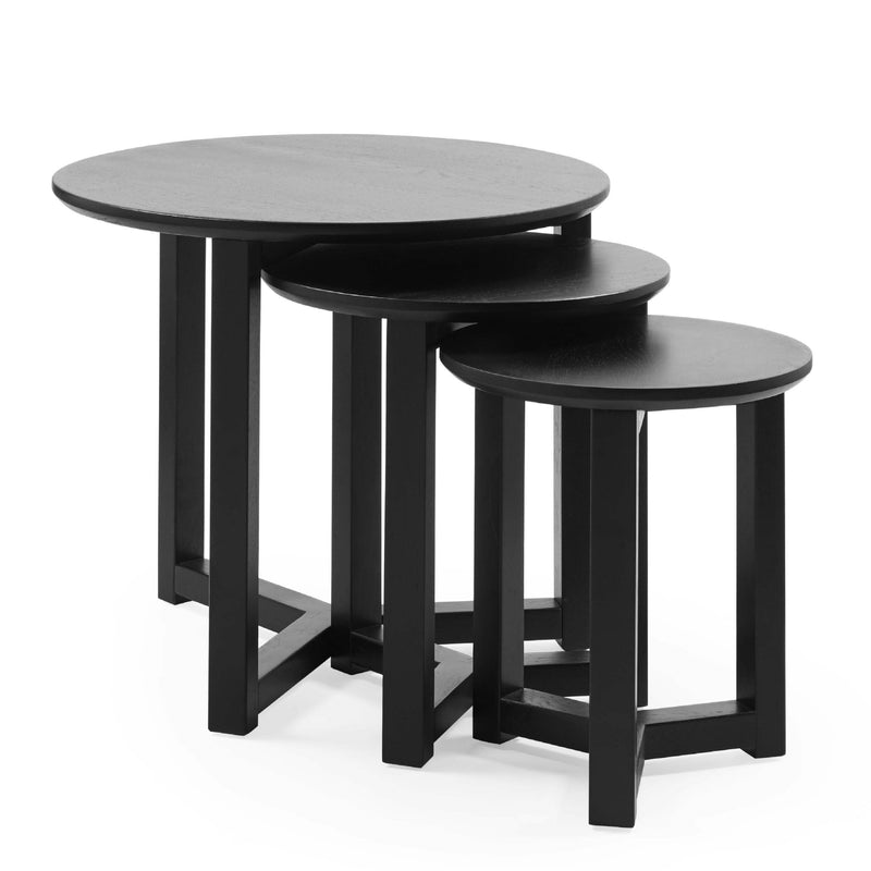 Set of three black nesting tables on a white background