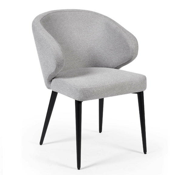 Gray upholstered chair with black legs on a white background