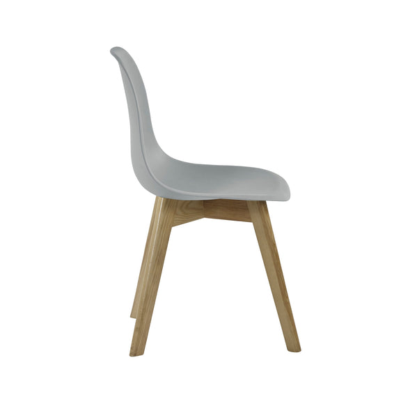 Chair with gray plastic seat and wooden legs on a white background