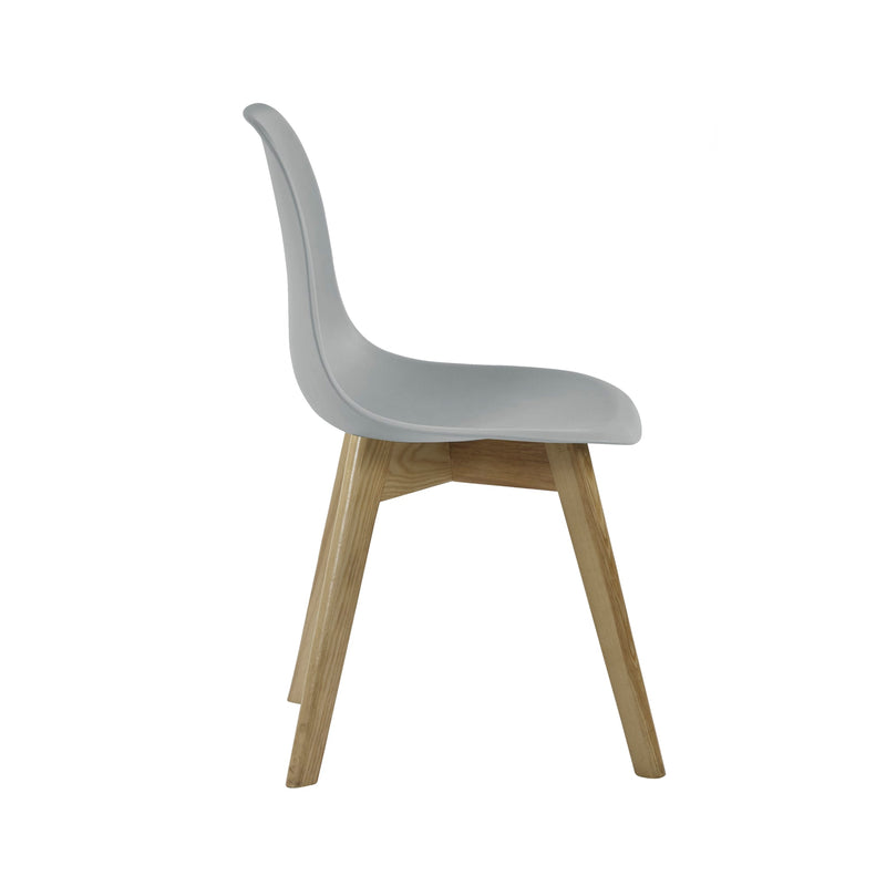 Chair with gray plastic seat and wooden legs on a white background