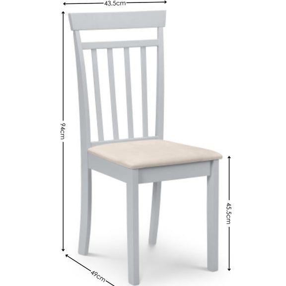 Gray chair with beige cushion and dimensions labeled on a white background