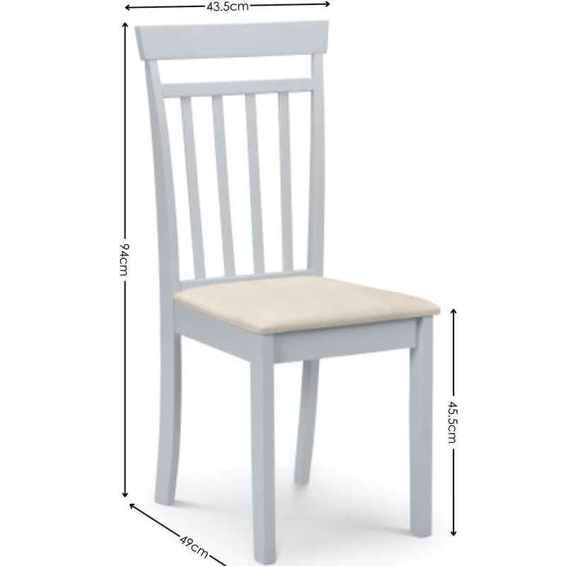 Gray chair with beige cushion and dimensions labeled on a white background