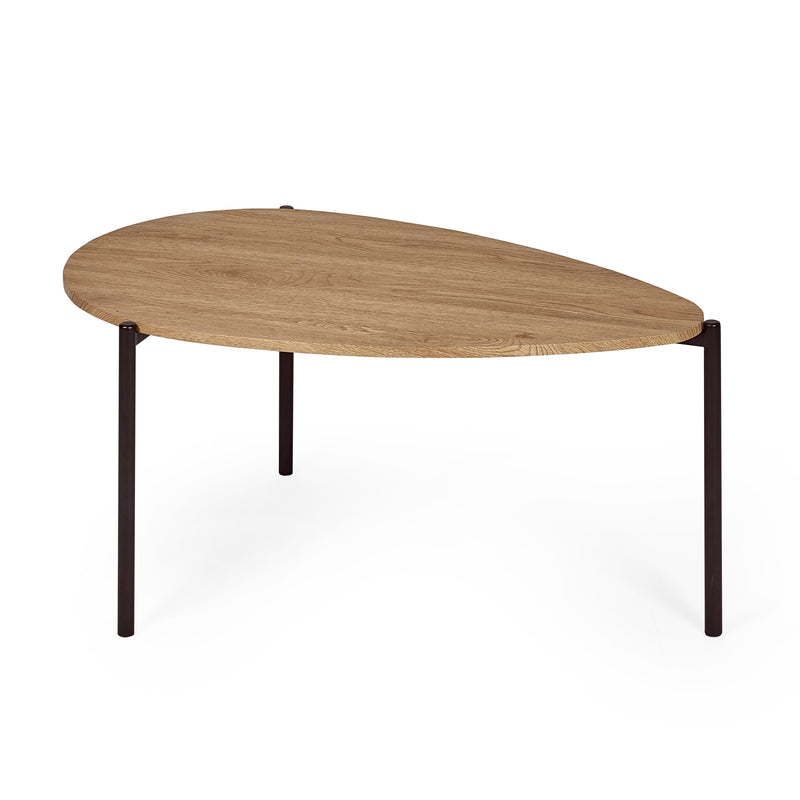 Wooden coffee table with black metal legs on a white background