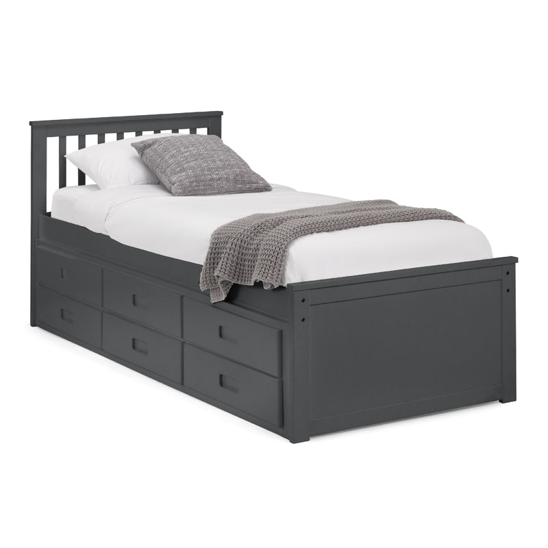 Black wooden bed with white bedding and gray blanket on a white background