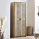 Wooden wardrobe with wicker door panels in a room setting.