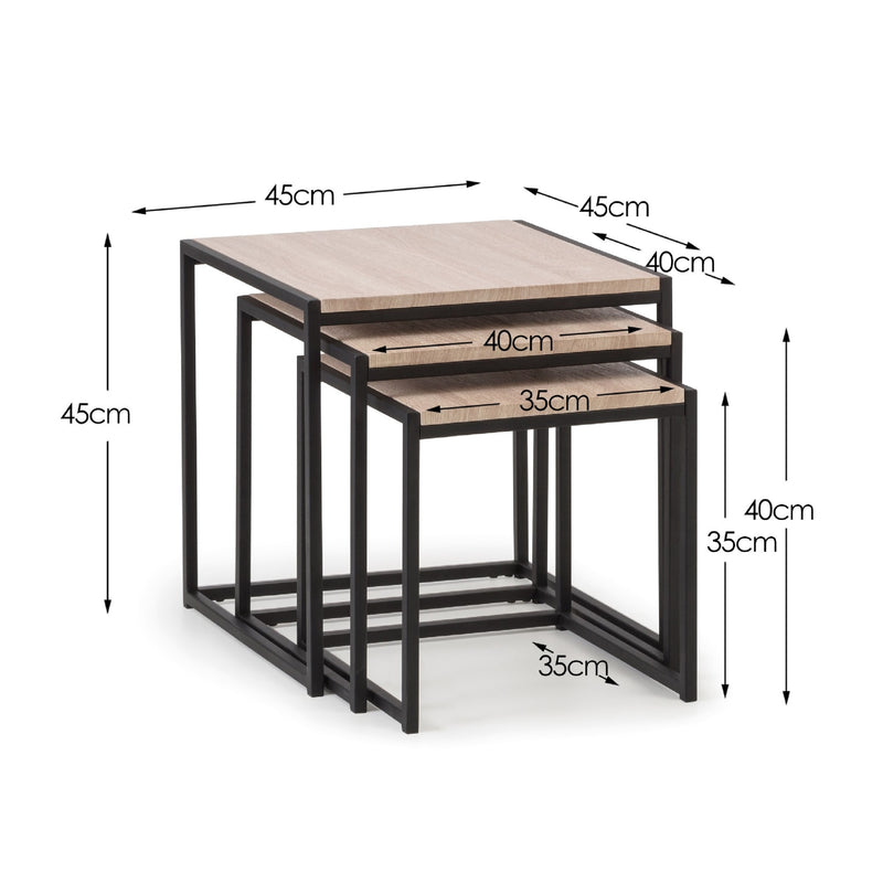 Set of two nesting tables with dimensions labeled on a white background