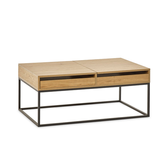 Wooden coffee table with metal frame on a white background