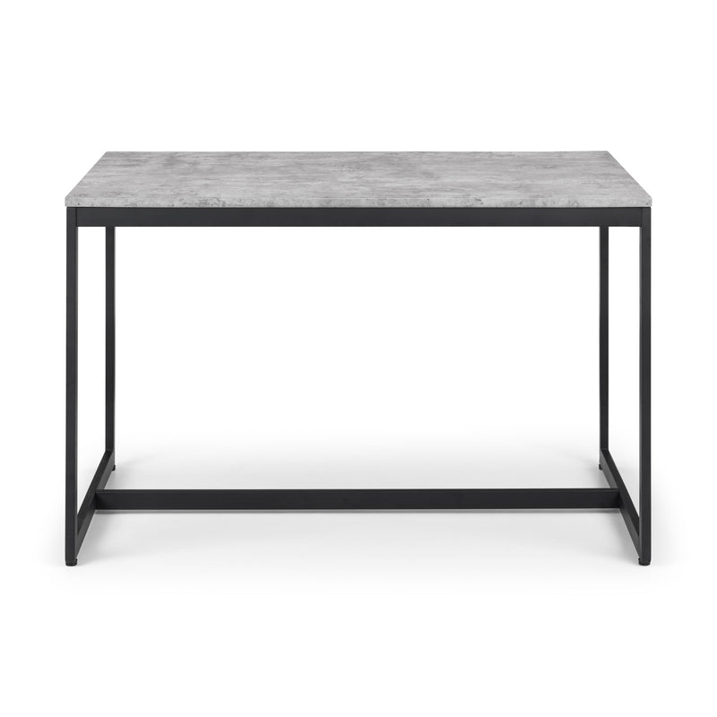 Coffee table with gray marble top and black metal frame on a white background