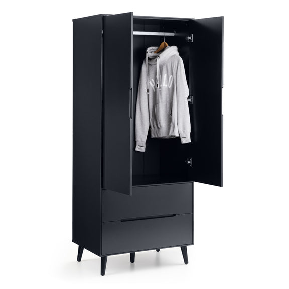 Black wardrobe with open door showing a white hoodie on a white background