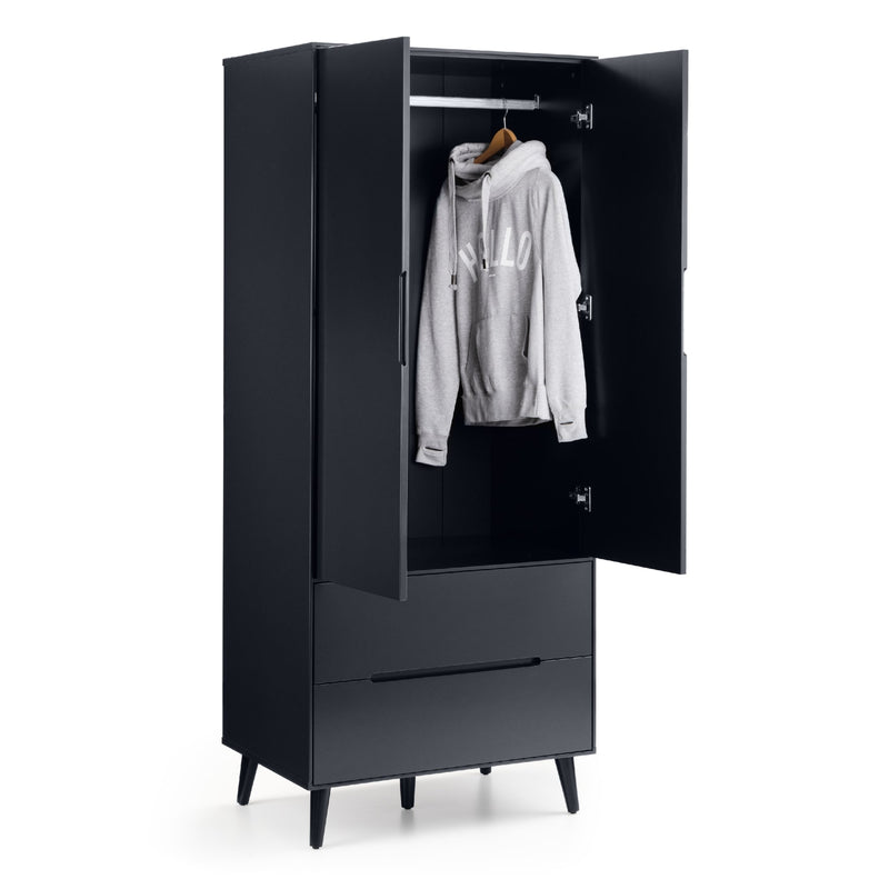 Black wardrobe with open door showing a white hoodie on a white background