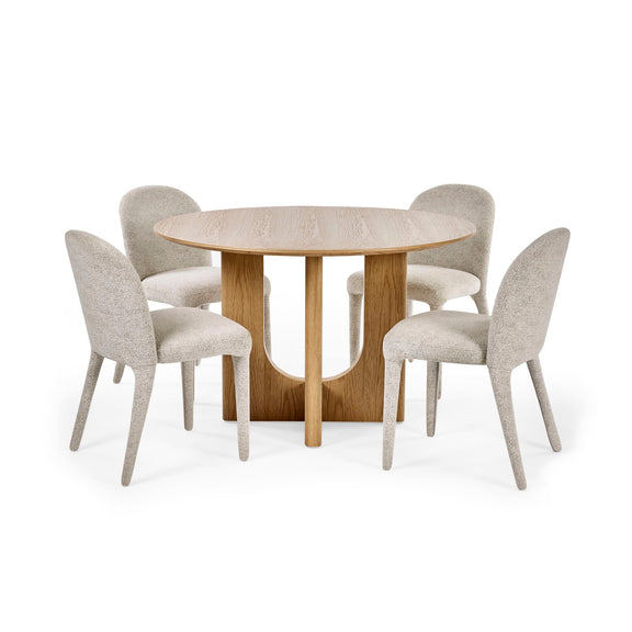 Round wooden dining table with four matching chairs on a white background