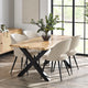 Dining room with a wooden table and white chairs near a large window.