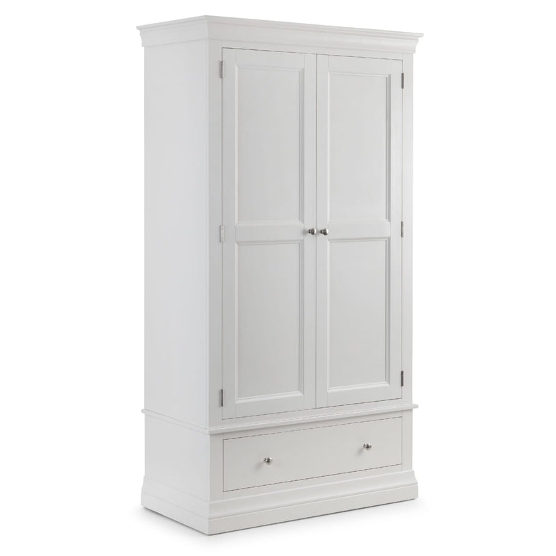White wardrobe with two doors and a drawer on a white background