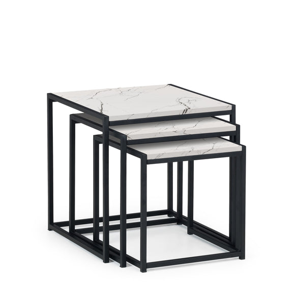 Set of three marble top nesting tables with black metal frames on a white background