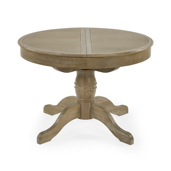Round wooden table with a pedestal base on a white background