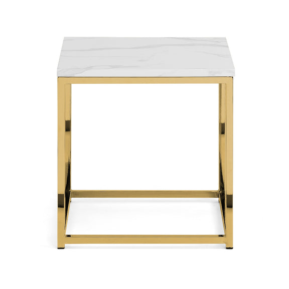 Small table with white marble top and gold metal frame on a white background