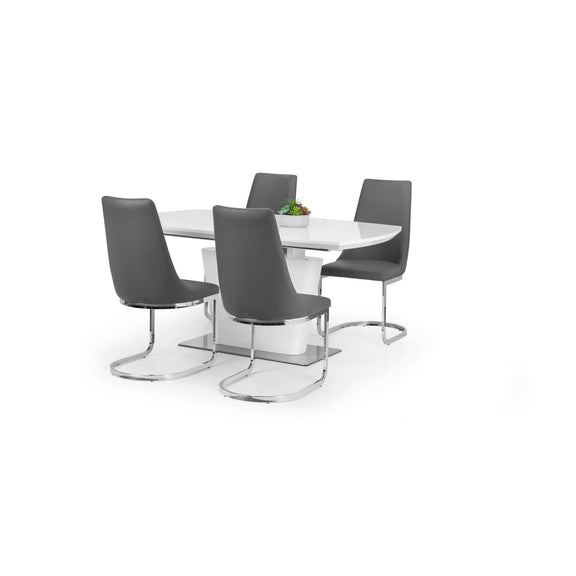 Dining table set with four gray chairs on a white background