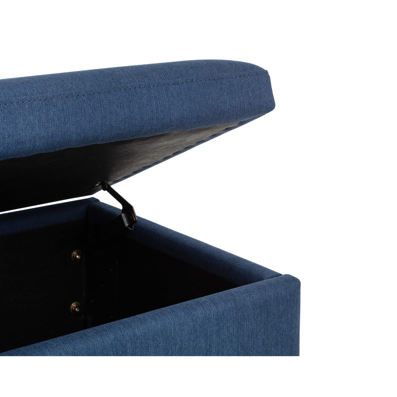 Blue upholstered storage bench with lid open on a white background