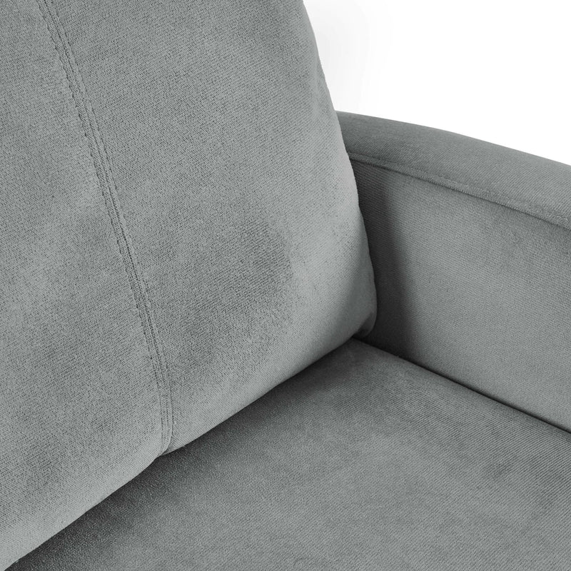 Gray fabric sofa with a close-up of the cushion texture.