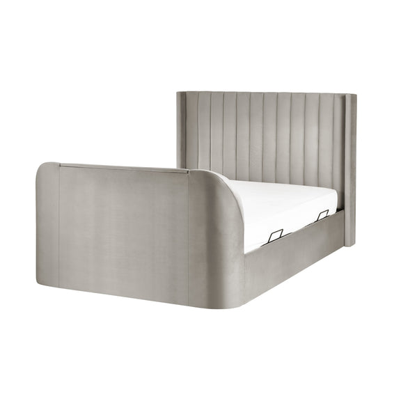 Gray upholstered bed with wooden headboard on a white background