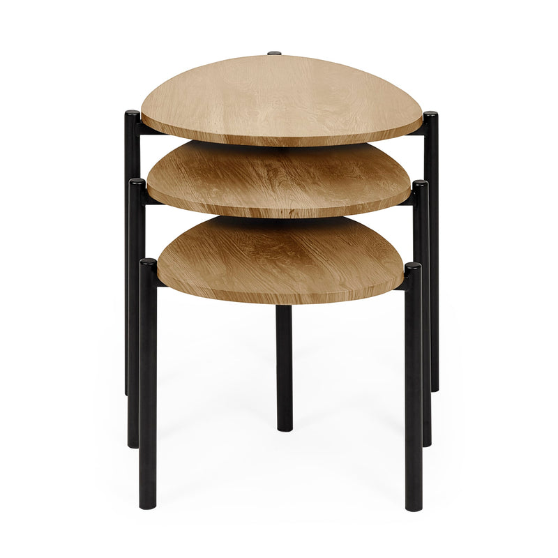 Stack of three wooden tables with black metal frame on a white background