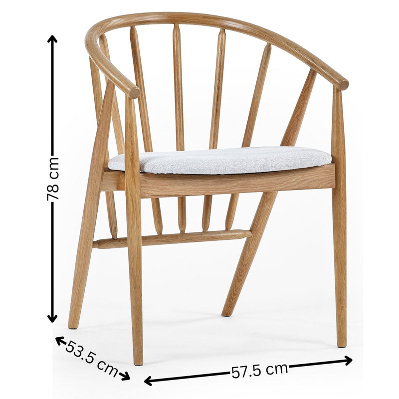 Wooden chair with white cushion and dimensions labeled on a white background
