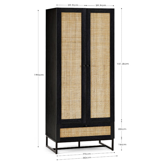 Black cabinet with rattan doors and dimensions on a white background