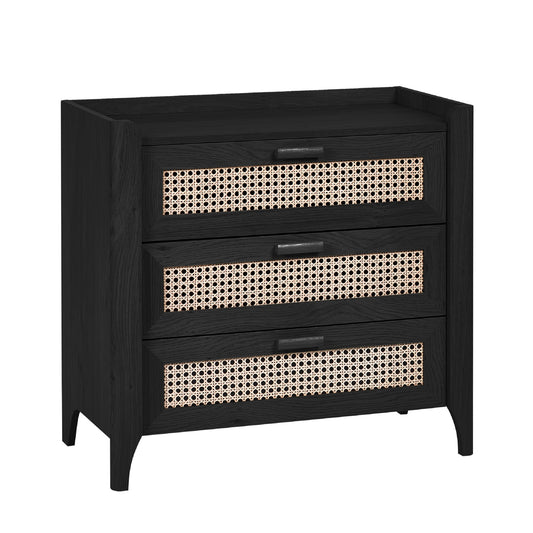 Black 3 drawer storage chest with woven rattan drawer fronts front view