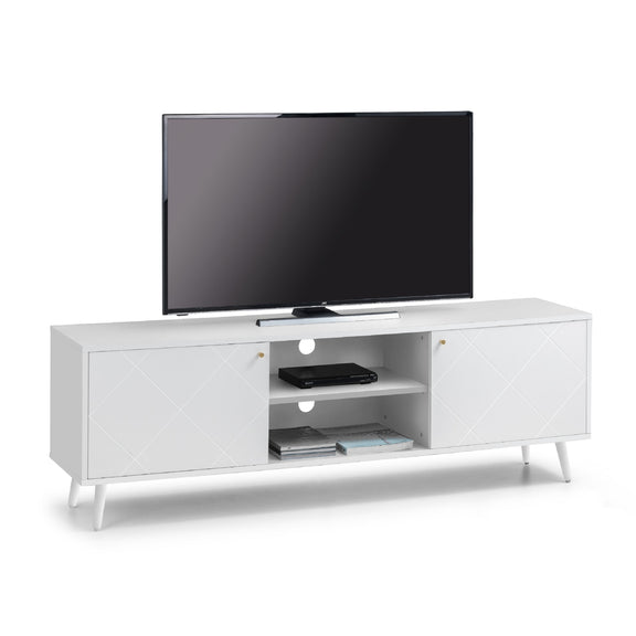 White TV stand with a black TV on a white background