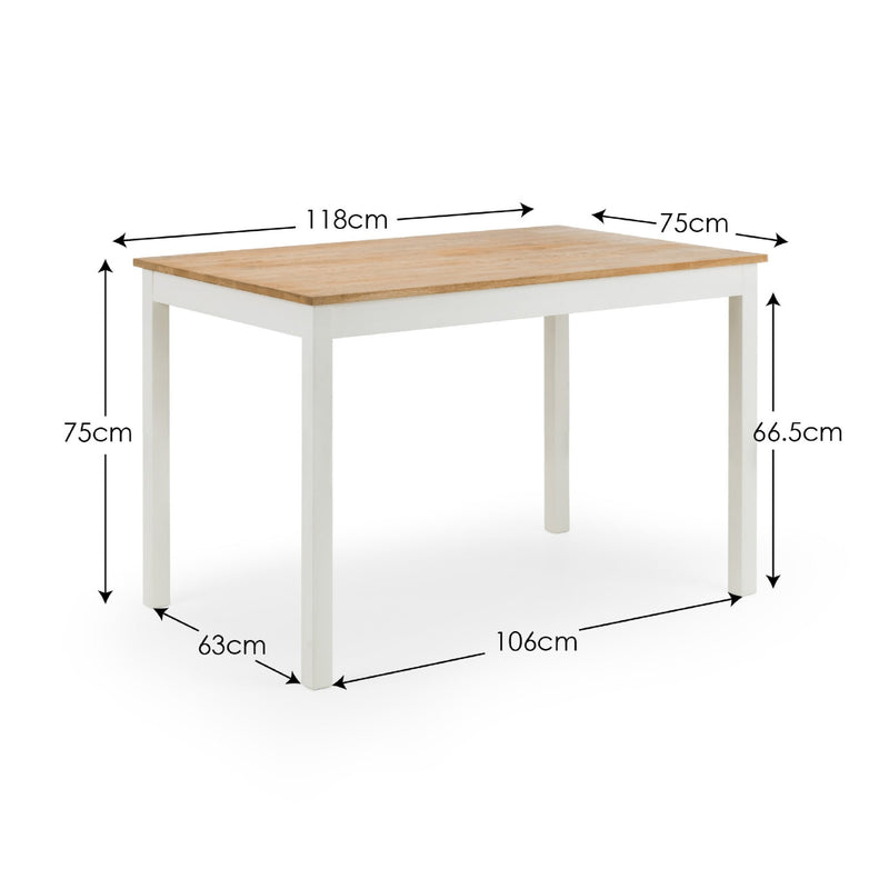 Dining table with dimensions labeled on a white background