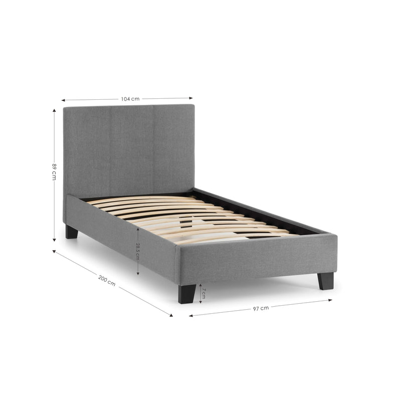 Gray upholstered bed with dimensions on a white background