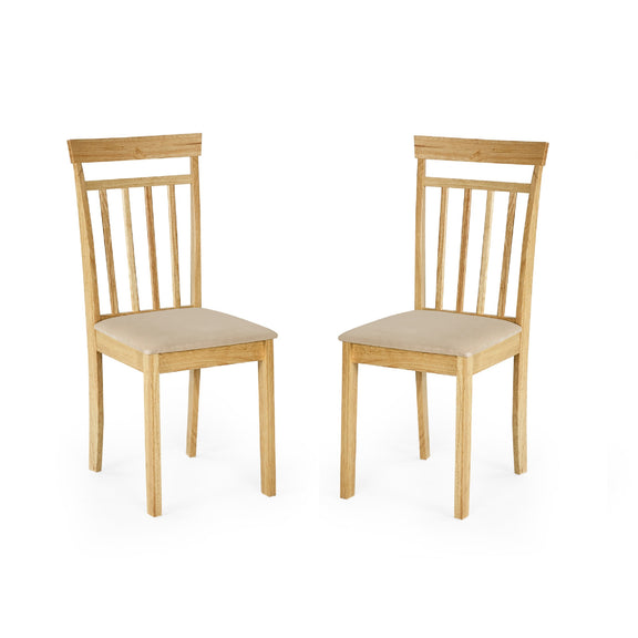 Two wooden chairs with beige cushions on a white background