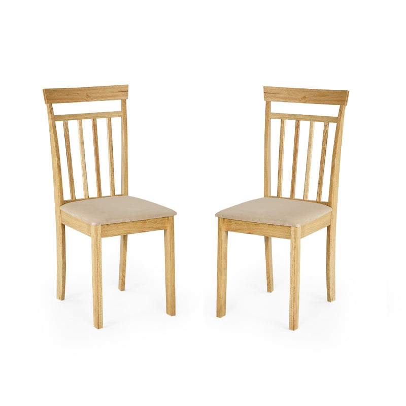 Two wooden chairs with beige cushions on a white background