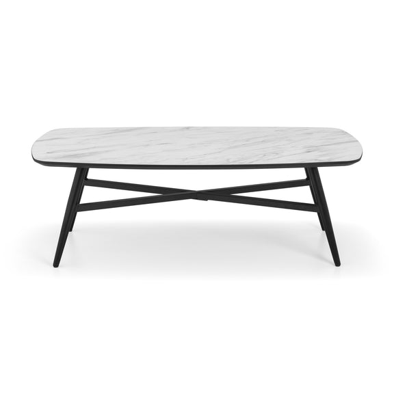 Marble coffee table with black legs on a white background