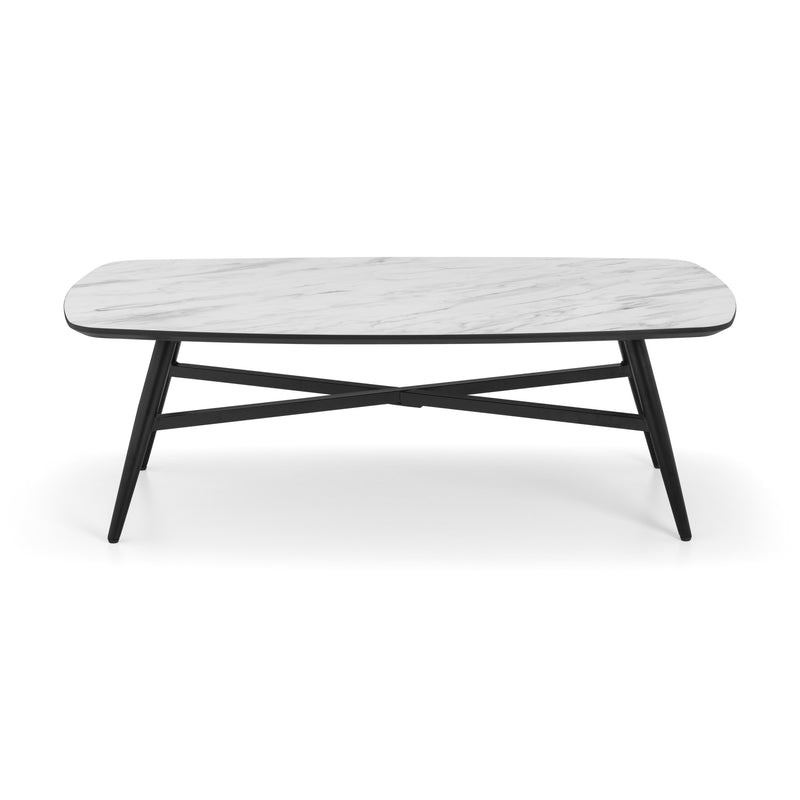Marble coffee table with black legs on a white background
