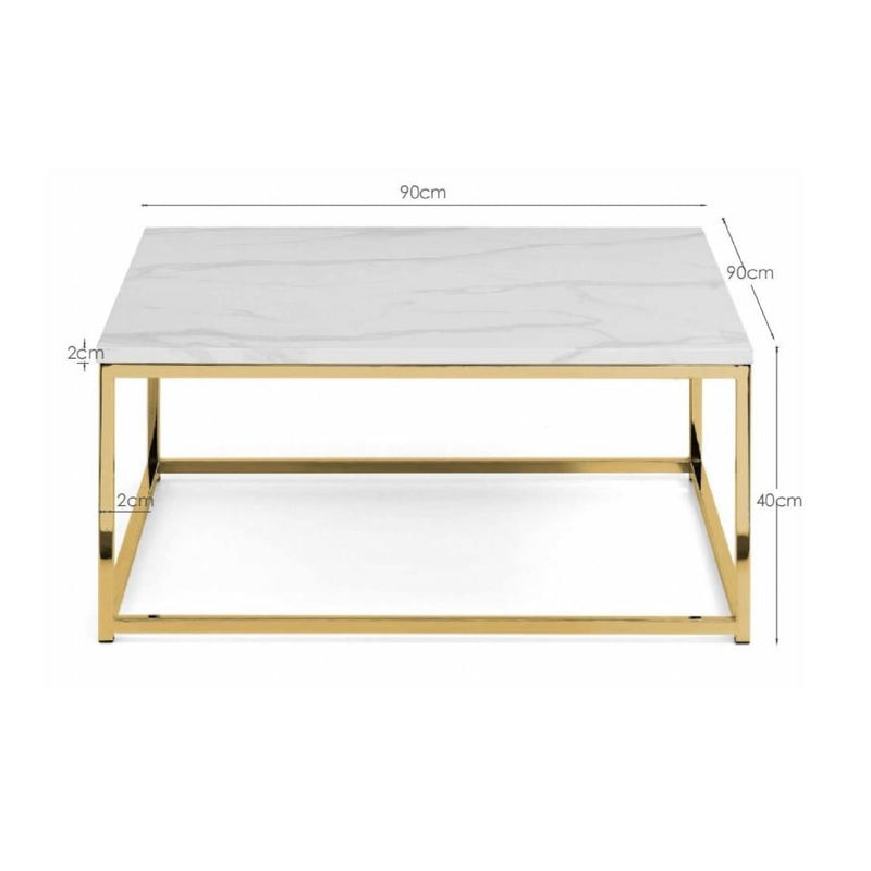 Coffee table with marble top and gold metal frame, showing dimensions on a white background