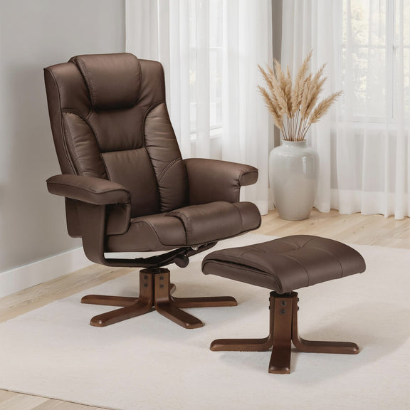 Brown recliner chair with ottoman on a light-colored floor.