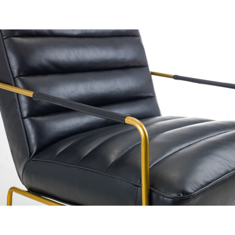 Black leather chair with gold armrests on a white background