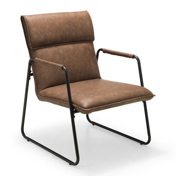 Brown leather armchair with black metal frame on a white background
