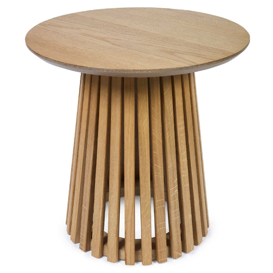 Wooden side table with unique cylindrical design on a white background