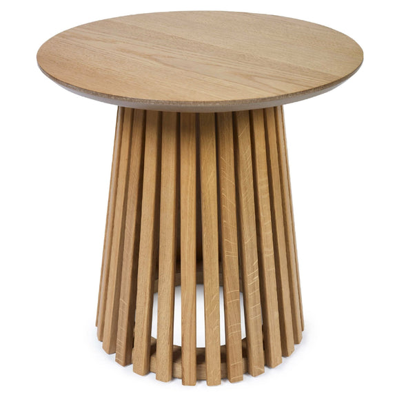 Wooden side table with unique cylindrical design on a white background