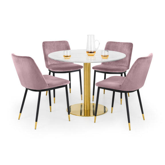Round dining table with four matching chairs on a white background