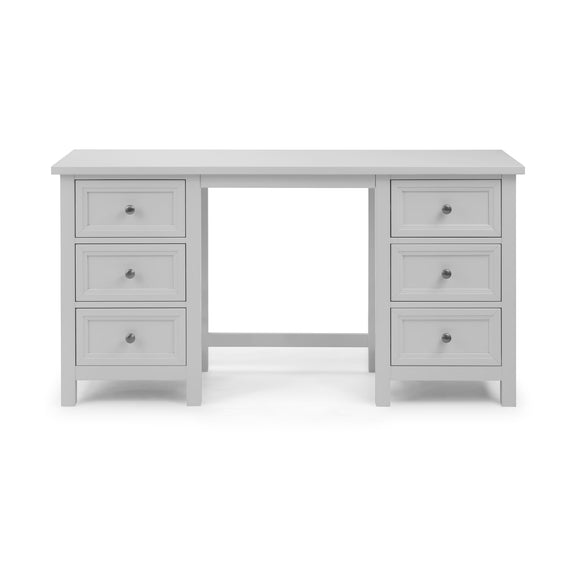Gray desk with multiple drawers on a white background
