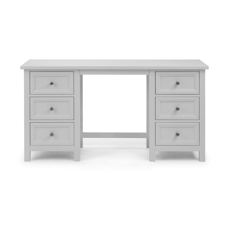 Gray desk with multiple drawers on a white background