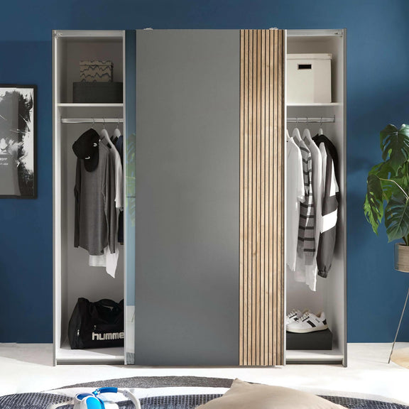 Closet with mirrored doors in a room with blue walls and a plant.