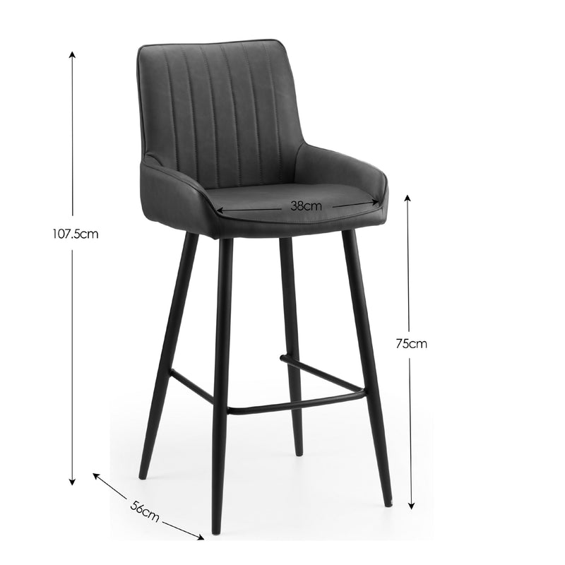 Black bar stool with dimensions on a white background
