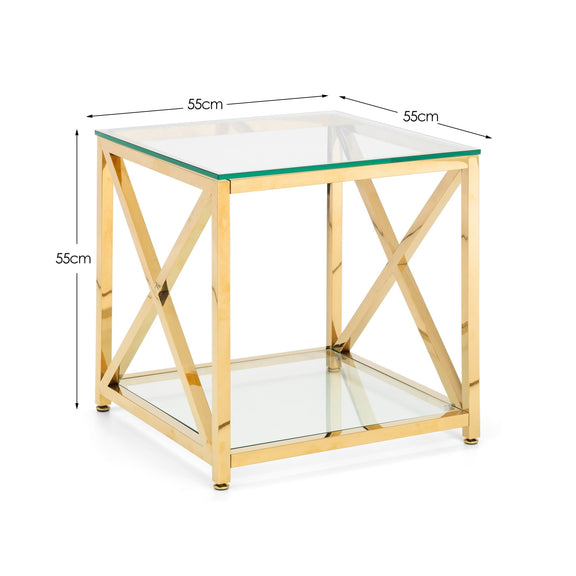 Gold side table with glass top and shelf, dimensions indicated