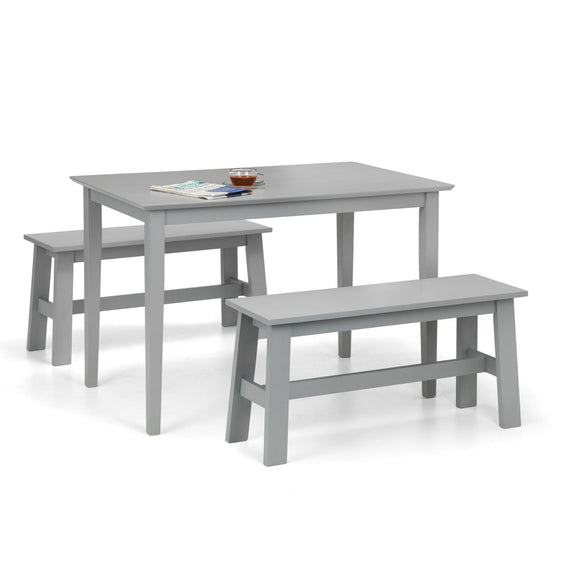 Gray dining table with two benches on a white background