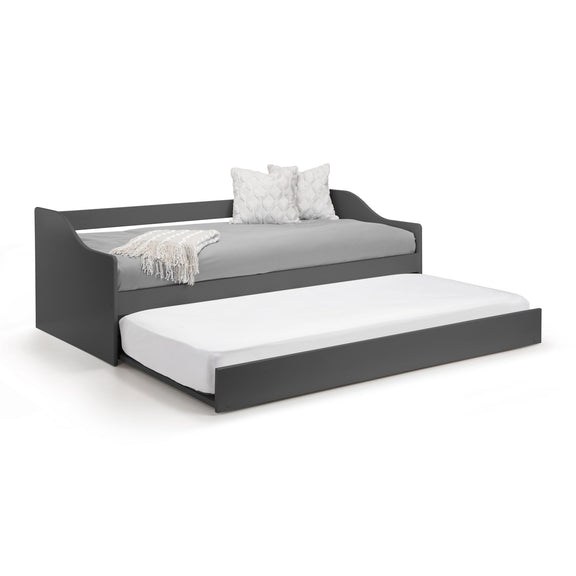 Gray daybed with white mattress and pillows on a white background